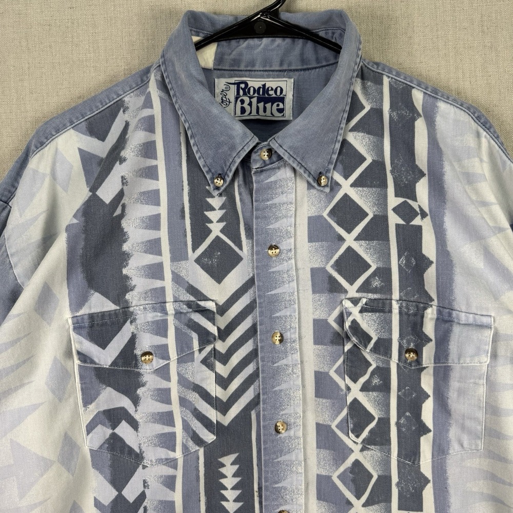 Roper Shirt Mens XXL Western Blue Aztec Vintage Made USA Cotton Denim 80s 90s - Picture 2 of 8